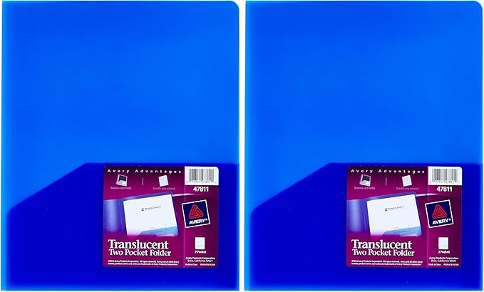Avery Translucent Two Pocket Folder, Water Resistant, Holds up to 20 Sheets, 1 Blue Folder (47811) (Pack of 2)