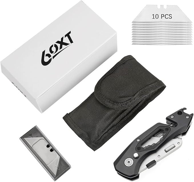 Utility Knife Folding Safety Lock Quick Change with 10 Extra SK5 Replacement Blade Lightweight Aluminum Handle & Pocket Clip Multi-Use Box Cutter Office Home Art Diy Great Gift Choice (Upg V. Black)
