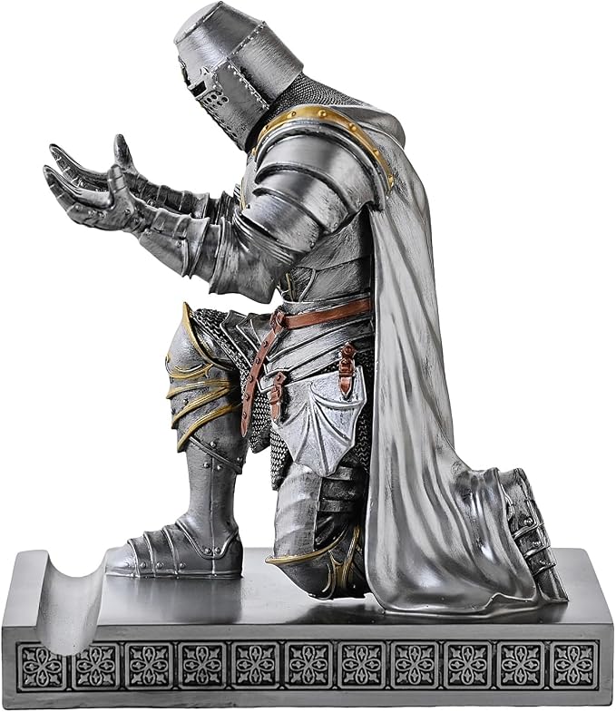 Medieval Templar Vanguard Officer Knight Pen Holder Desk Organizers Silver | Pencil Stand Paperweight Desktop Decoration Accessories Cell Phone Stand with a Fancy Sword for Medieval Warrior Enthusiast