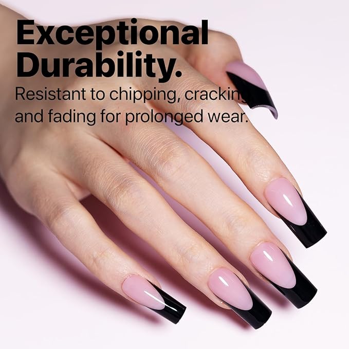 SXC Cosmetics French Tip Press On Nails 150 Pieces in 15 Sizes Ultra Fit with Pre-applied Tip Primer and Base Coat, No Need to File Fake Nails for Nail Art DIY X-Pro Tips (BLACK117-M Square)