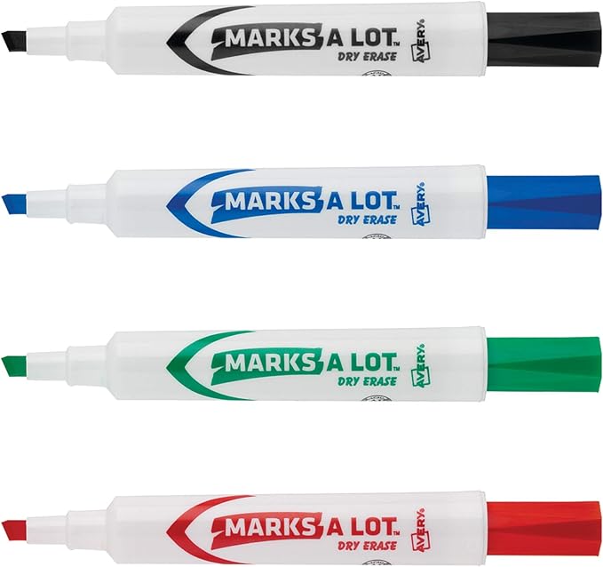 Avery Marks A Lot Dry Erase Markers, Low Odor White Board Markers with Chisel Tip, 4 Assorted Colors (24409)
