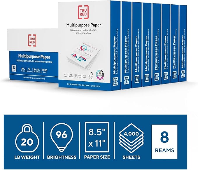 TRU RED 8.5" x 11" Multipurpose Paper, 20 lbs., 96 Brightness, 500 Sheets/Ream, 8 Reams/Carton