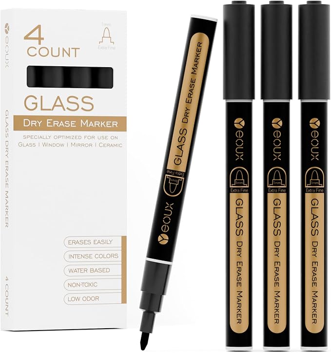 YEOUX Dry Erase Markers for Glass Board | No Residue | Whiteboard Markers | 1mm Ultra-Fine Tip Liquid Chalk Markers 4 Pack (Black)