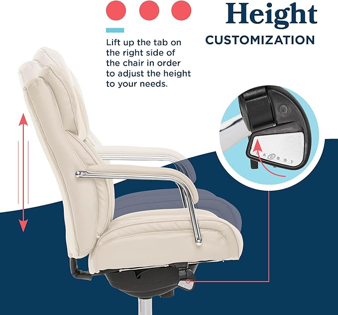 La-Z-Boy Sutherland Quilted Leather Executive Office Chair with Padded Arms, High Back Ergonomic Desk Chair with Lumbar Support, Ivory White Bonded Leather