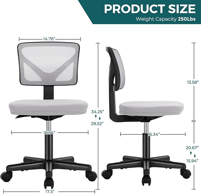 DUMOS Armless Desk Chairs, Small Home Office Mesh Chairs | Ergonomic Adjustable Mid Back, Swivel Rolling Task, Computer Work Vanity Small Spaces, Dark Grey