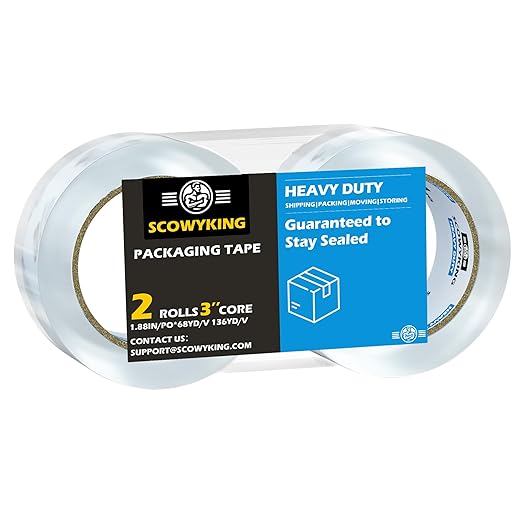 2 Rolls Clear Packing Tape, 1.88 Inch x 68 Yards, 2.7 Mil Thick - Heavy Duty Shipping Tape for Moving, Sealing Boxes, Packaging - Strong Adhesive, Crystal Clear, Residue-Free
