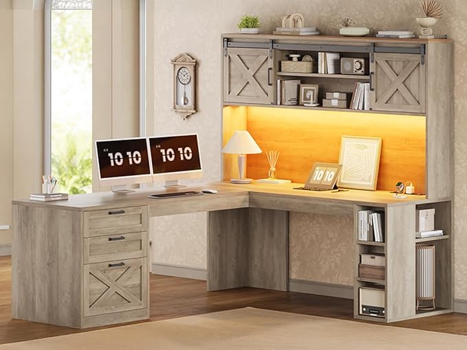 SEDETA 67" Farmhouse L Shaped Desk with Hutch, Grey | Home Office Desks with Drawers & Sliding Doors,Executive Corner Computer Desk with Storage Shelves,Power Outlets,LED Lights