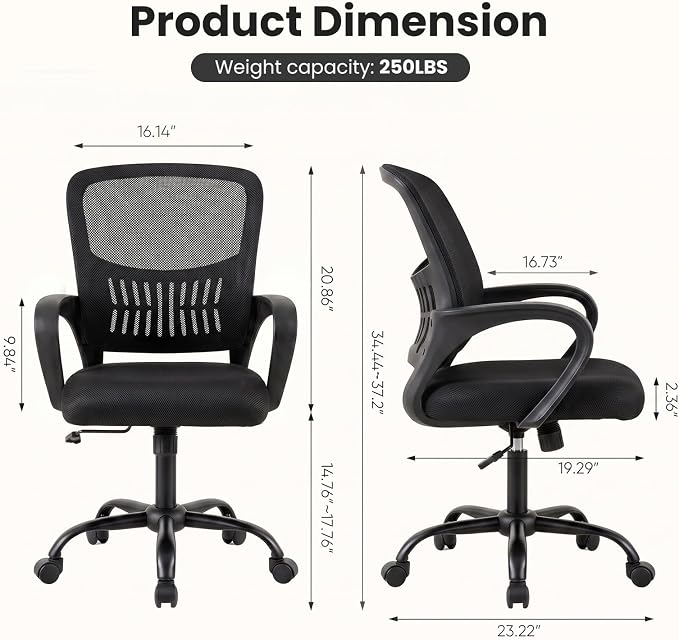 DUMOS Ergonomic Office Chair, Mid-Back Executive Desk Chair 2 Pack | Comfortable Lumbar Support, Breathable Backrest, Fixed Armrest, Height Adjustable, 360° Swivel, Computer Gaming, Black