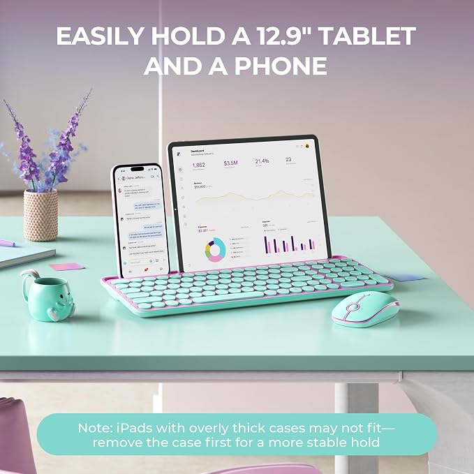seenda CTU-301 Bluetooth Keyboard and Mouse Combo for iPad,Green&Pink | Bluetooth+2.4G combo with tablet holder, full-size keys and quiet clicks for iPad, iPhone, Mac, Windows and Android.
