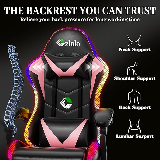 Gaming Chair, RGB LED Lights Computer Chair with Footrest, Lumbar Support Massager Gamer Chair, High Back, 90-135° Reclining, Linkage Armrests, Pink