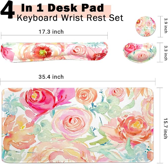 Large Mouse Pad Set, Cute Extended Mouse Pad+Keyboard Wrist Rest Support Desk Pad Memory Foam Ergonomic Easy Typing, 35.4×15.7 in Desk Mat Set for Home Office Study Game - Flowers