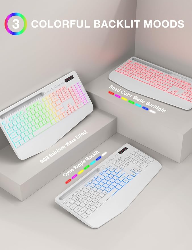Wireless Keyboard and Mouse Combo - 9 Backlit Effects, RGB, 2.4Ghz | Ergonomic Wrist Rest, Phone Holder, Rechargeable, Full Size, KM22 MAX Silent Set for Computer, Laptop, Mac, Windows (White)