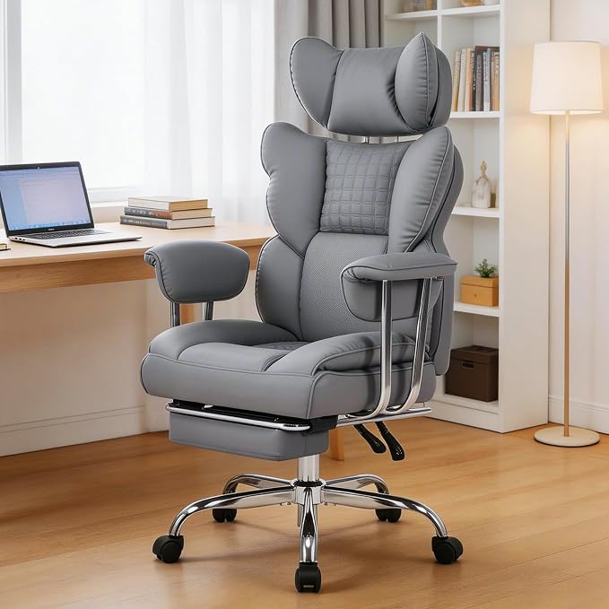 DUMOS Big and Tall Home Office Desk Chair, Executive Chair with Footrest | Scratch-Resistant PU Leather, Ergonomic Reclining, Pocket Spring Support, 400 LBS Weight Capacity, Grey