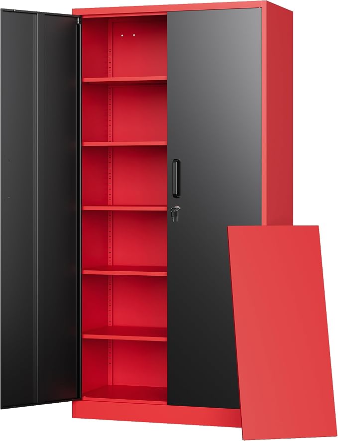 Metal Garage Storage Cabinets with Lock, 72" Tall Locker Organizer Steel Tool Cabinets,5 Adjustable Shelves 2 Doors for Home Office, Warehouse,Garage,Industrial,Employee (Black Red)