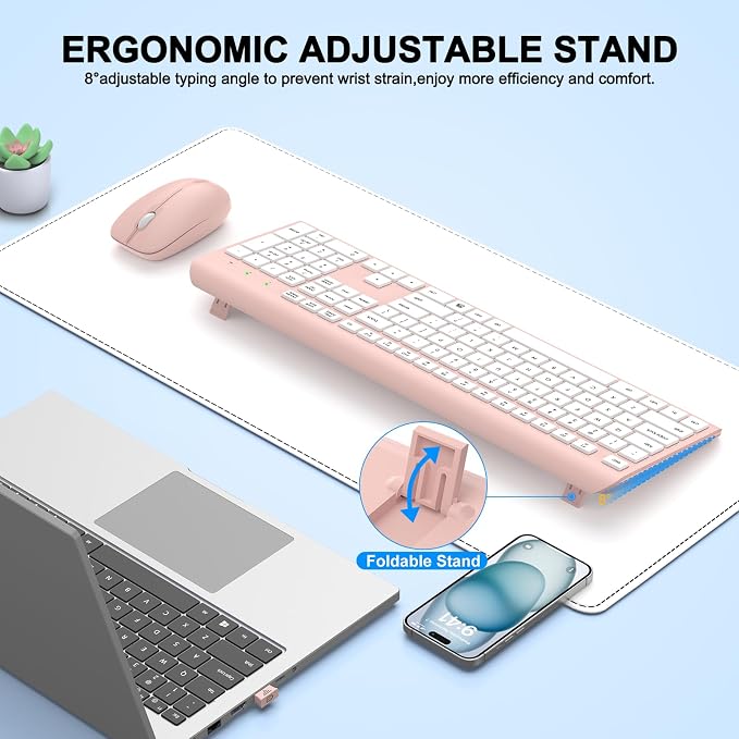 Wireless Keyboard and Mouse Combo, Full-Size Silent Ergonomic Keyboard and Optical Mouse, Long Battery Life, 2.4G Lag-Free Mice Keyboard for Computer,Mac,Laptop,PC,Windows(White Pink)