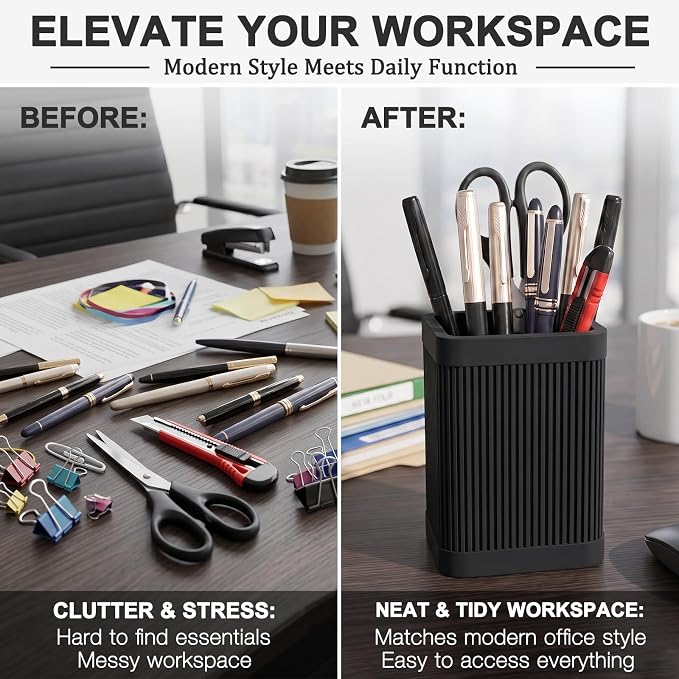 HighHerz Aesthetic Pen Holder For Desk, Modern Silicone Pencil Holder, Stylish Office Desk Decor, Made of 5 mm Thickened Premium Silicone, Office Desk Organizer And Accessories (Black)