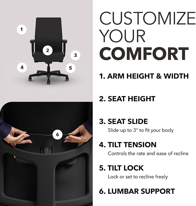 HON Ignition 2.0 Ergonomic Office Chair, Lumbar Support, Desk Chair, Onyx | Ergonomic office desk chair with lumbar support, adjustable arms, office decor, workstation comfort for focused productivity