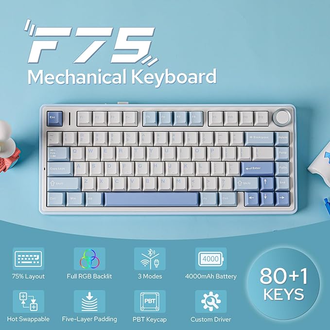 EPOMAKER x Aula F75 Gasket Mechanical Keyboard, 75% Wireless Hot Swappable Gaming Keyboard with Five-Layer Padding&Knob, BT/2.4GHz/USB-C, RGB (Sea Salt Blue, LEOBOG Reaper Switch)