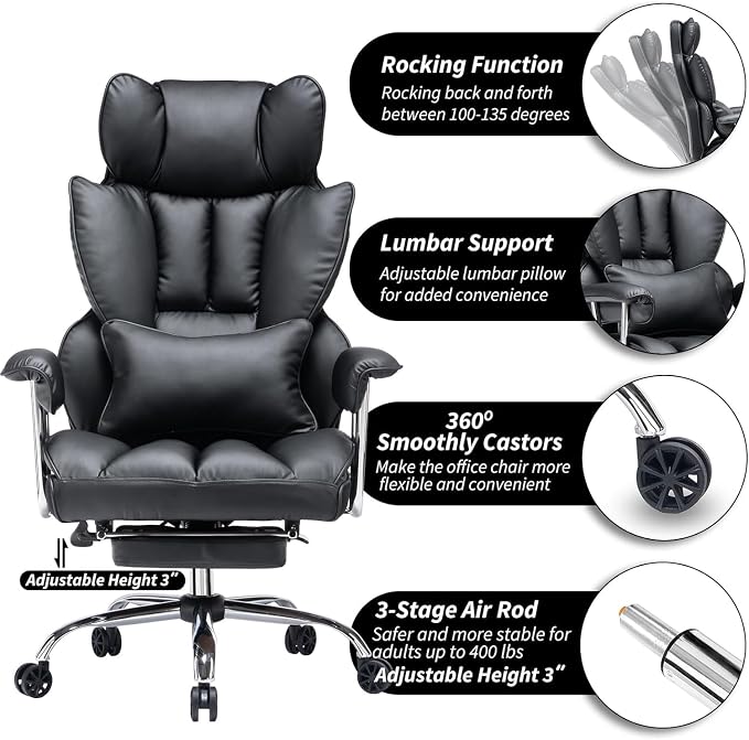 Efomao Big and Tall Office Chair with Foot Rest 400LBS, PU Leather Computer Chair, Heavy Duty Executive Office Chair with Lumbar Support, Black Home Office Chairs | 400lbs support, 135° recline, dual-layer foam cushion, 23.5" seat & footrest. BIFMA