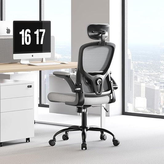 Ergonomic Office Chair - Adjustable Lumbar Support and Headrest, High Back Desk Chair with Flip-Up Arms for Home Office, 90-120° Tilt & Swivel Rolling Task Chair (Grey6076)