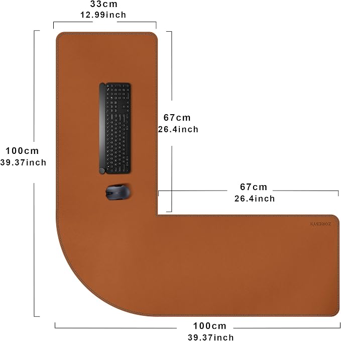 ZORESYN L Shaped Desk Mat 39.4"(L) x 39.4"(S) x 13"(W), Computer Corner Desk Pad, Large Waterproof PU Leather Mouse pad for Corner Desk, Writing Desk Pad Protector - Light Brown