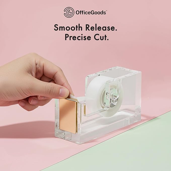 OfficeGoods Acrylic Tape Dispenser, Aesthetic and Compact Design, Gold | Modern desk accessory for office, Heavy duty refillable tape holder for crafting, Stylish desktop accessory for gift wrapping