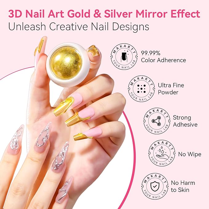 Makartt 3D Gel Nail Art & Chrome Nail Powder Kit: 15g Sculpting Gel for Nail Art DIY No Wipe 3D Molding and Metallic Chrome Powder Set for Decoration Manicure Pedicure Use