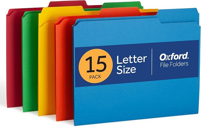 Oxford Colored File Folders, 15 Pack, 3 Tabs, 5 Assorted Colors, Letter Size (8.5" x 11"), Color-Coding for School, Office & Home Document Organization