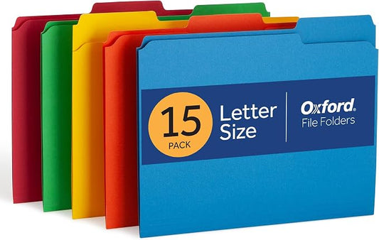 Oxford Colored File Folders, 15 Pack, 3 Tabs, 5 Assorted Colors, Letter Size (8.5" x 11"), Color-Coding for School, Office & Home Document Organization