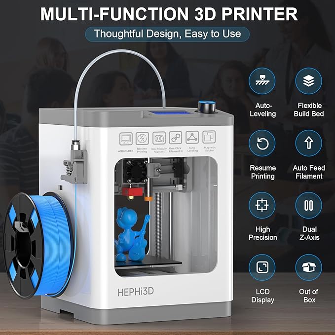 TINA2 Mini 3D Printer, HEPHI3D FDM 3D Printers for Beginners, Fully Assembled Auto Leveling 3D Printer for Kids, Resume Printing Function, Fully Open Source, Removable Flexible Magnetic Build Plate