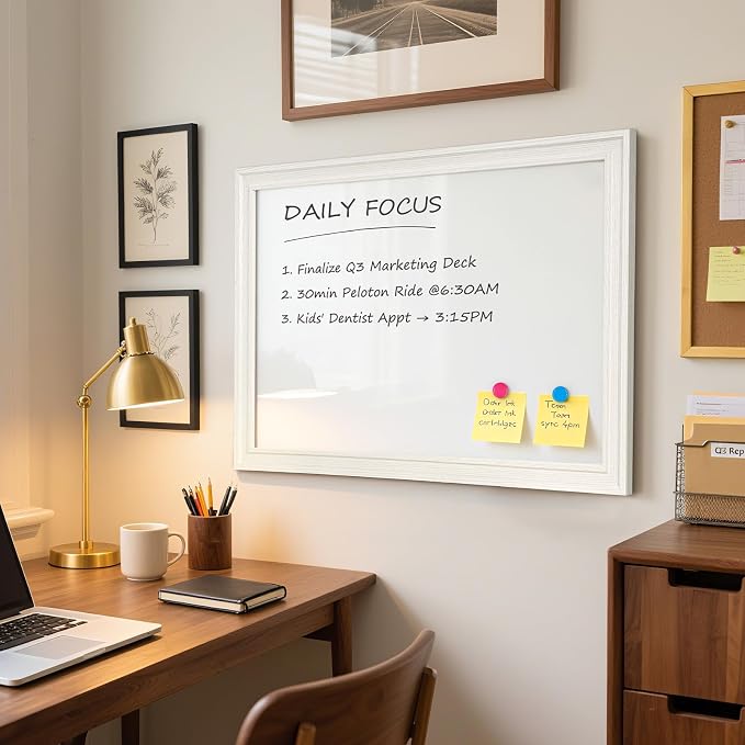 White Board for Wall, 24'' x 18'' Magnetic Dry Erase Board, Vintage White | Wooden Frame, Decorative Whiteboard, Wall Mounted, for Home, Office, Kitchen, Dorm, 4 Markers, 6 Magnets, A Eraser