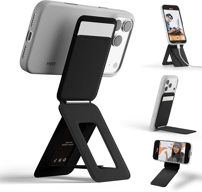 MOFT Phone Stand Wallet, NFC-Supported Tap-and-Go Card Holder, MOVAS Leather, Slim Magnetic Tripod for iPhone 17/16/15/14/13/12, Travel Essential Wallet Cell Phone Stand for 2 Cards, Jet Black