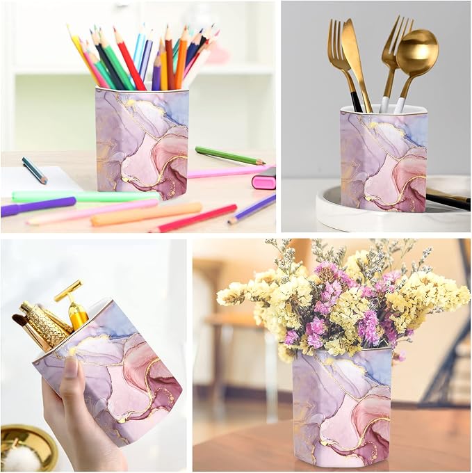 Large Capacity Colored Ceramic Marble Pencil Storage Marker Pen Holder Cute Stationery Holder For Office,High School College Student Girl Women Adult Teen Gift, Pink