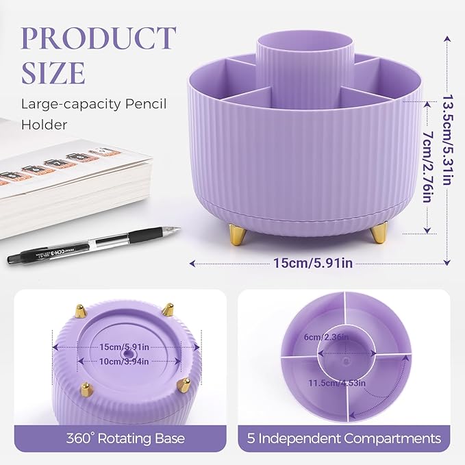 Pencil Pen Holder for Desk, 5 Slots 360-Degree Rotating Desktop Organizer, Cute Desk Organizers and Accessories for School, Home, Office and Art Supply, Purple