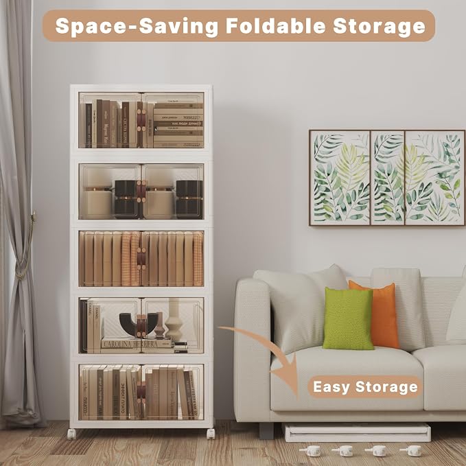 260QT Stackable Storage Bins with Lids,Doors & Wheels | Closet Organizers and Storage Cabinet, Lockable Plastic Foldable Drawers for Bedroom Dorm Office Garage（52QT*5,White）