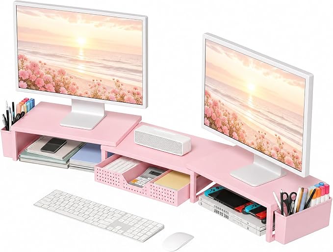Desk Organizers and Accessories, Dual Monitor Stand Riser with Drawer and 2 Pen Holders, Desk Shelf Computer Racks for Office Workspace Organizers, Desktop Organization (Peach-pink)