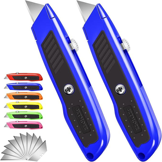 2 Pack Box Cutter, Heavy Duty Utility Knife with Retractable Razor Blade, SK5 Blades and Safety Lock for Cardboard, Boxes, and Warehouse Use