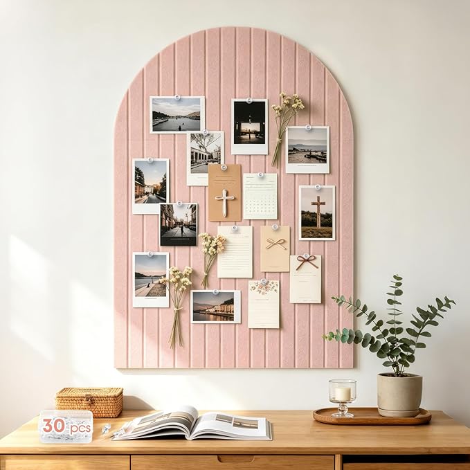 Large Arched Felt Bulletin Board, 35''x24''-6 Pack Cork Board with 30 Pushpins & 48 Residue-Free Adhesive Tabs, Decorative Photo Picture Board for Home Office School Wall