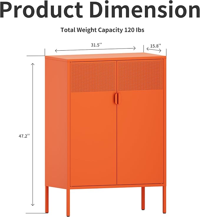 Chshin Metal Storage Cabinet,Kitchen Pantry Storage Cabinet,Metal Sideboard with 2 Doors and 2 Adjustable Shelves,Orange Locker Cabinet for Home,Bathroom,Hallway,Office,Dining Room