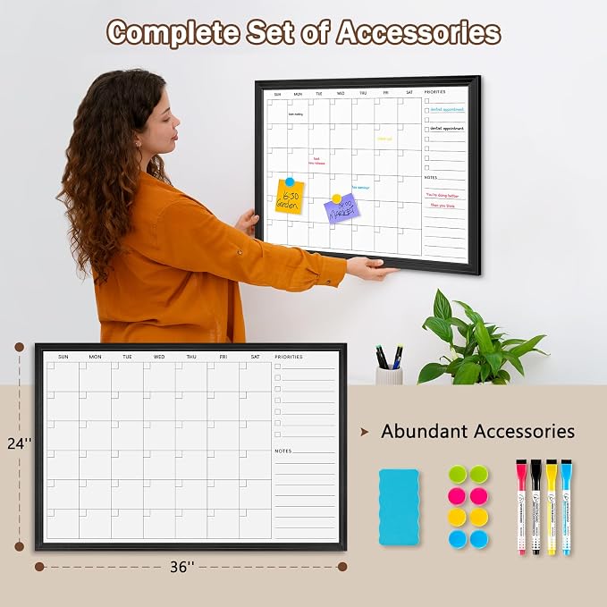 DOLLAR BOSS Magnetic WhiteBoard Calendar, 36x24 in, Dry Erase Board, Black | Monthly Dry Erase Planner for Wall with White Wood Style Frame for Office, School, Dorm, Home Decor