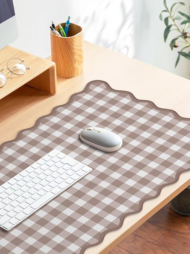 Scalloped‌ Checkered Desk Mat Cute Brown Gingham XXL Large Gaming Mouse Pad Farmhouse Cottagecore ‌Vintage‌ Keyboard Computer Mat Pad for Desktop Aesthetic Cozy Office Desk Decor