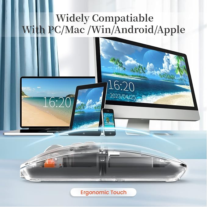AJAZZ Wireless Bluetooth5.1&2.4G Mini Lightweight Mouse,Transparent Clear Cool,Rechargeable Silent Computer Mice,Nano USB C Receiver,LED Battery Magic Silm for Office/PC/Mac/Laptop/Apple/ipad(Grey)