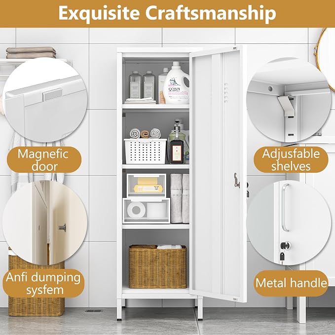 Metal Storage Locker,47" H Home Office Storage Lockers for Employees with 1 Locking Door ＆ 3 Adjustable Shelves,File Storage Cabinets forGarage, School, Office, Gym (White)
