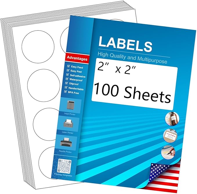 2" Round Blank Printable Labels, Adhesive Circles for Inkjet Printing | 12 Per Sheet, Matte White (Pack of 100)