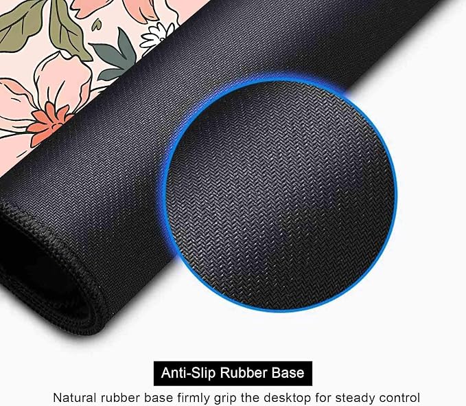 Pink Blue Floral Desk Mat Cute, XL Green Leaf Flowers Extended Mousepad, Non-Slip Rubber Base Stitched Edge Large Mouse Pad Desk Pad for Women Gamer Office,Computer Accessories,31.5 X 11.8 in