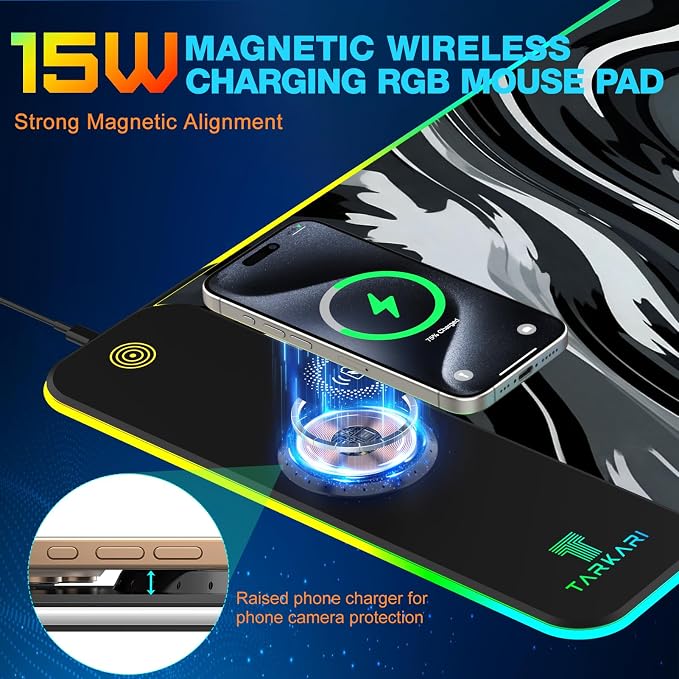 TARKARI Magnetic Wireless Charging RGB Mouse Pad, Large Gaming Desk Mat Waterproof, 31.5"x11.8" Black Mousepad, Ultra-Smooth Surface, Non-Slip Rubber Base, Desk Pad for Keyboard Laptop