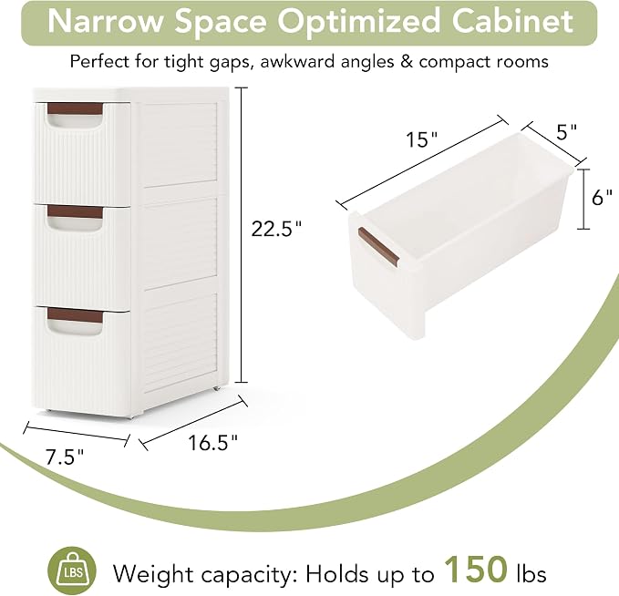 3 Drawers Narrow Bathroom Storage Cabinet, Slim Storage Cabinet, Plastic Slim Storage Cart Drawers for Small Spaces, Laundry, Office, Home, White