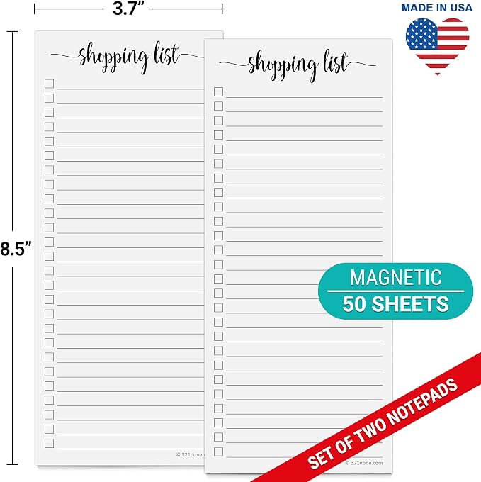 321Done Magnetic Shopping List Notepad 2-Pack - 3.7 x 8.5 (1/3 Sheet Slim Size) Made in USA - College Ruled - Minimalist Handheld Grocery List, Store, Market - Pad for Planning, Organizing, Meal Prep | Made in USA - Slim Shopping List Pads for the Frid...