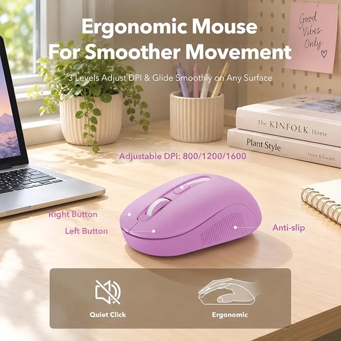 Wireless Keyboard and Mouse, Round Keycaps, Magnetic Wrist Rest, Lilac | Full-Size Retro Typewriter-Style Keyboard, Tilt Legs, Auto Sleep, 2.4GHz Cordless for MacOS, Windows PC, Laptop, SABLUTE