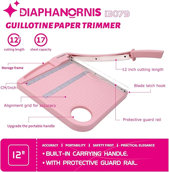 12" Paper Cutter, Precision Cut with Safety Protection and Blade Lock, 12 Sheet Capacity, Great for Cardstock, Cardboard, Photo, Vinyl, Crafts, Scrapbook (Pink)